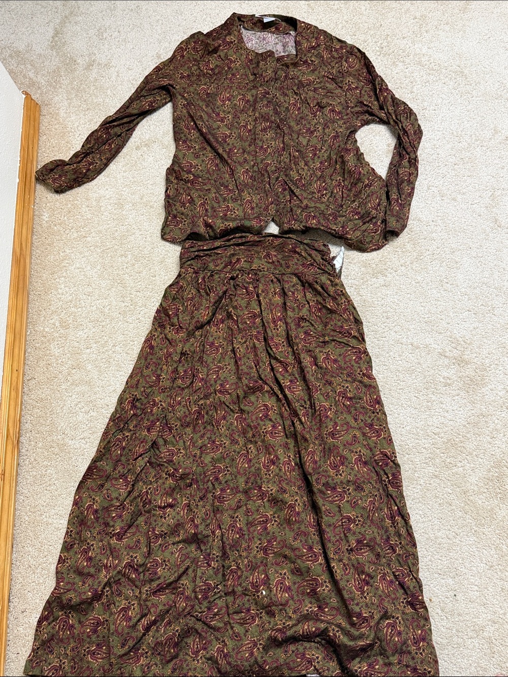 The Limited Olive Paisley Midi Skirt Set with Burgundy Accents